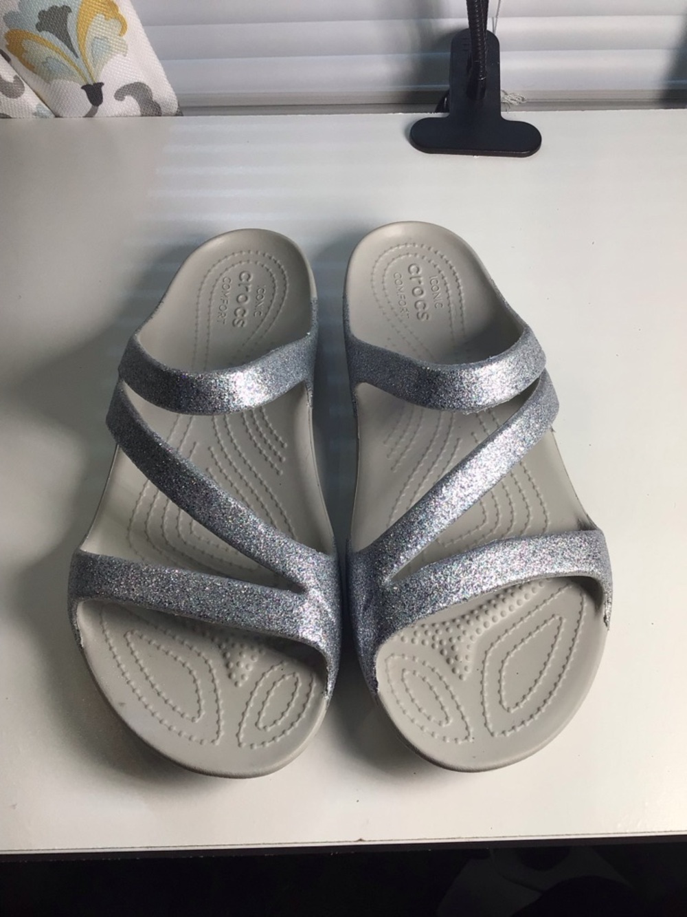 CROCS Silver Glitter Strappy Slide Sandals